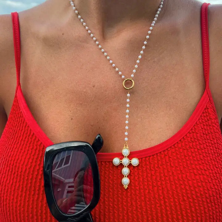 Chansuttpearls Lariat Pearl Cross Necklace