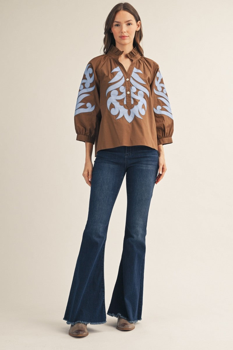 Jodifl Women's Brown Baroque Applique Top