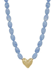 What's Hot Light Blue Acrylic Oval Beaded with Gold Heart Necklace