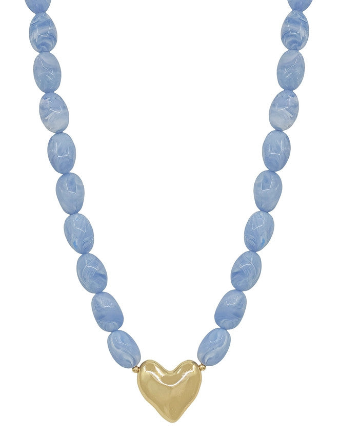What's Hot Light Blue Acrylic Oval Beaded with Gold Heart Necklace