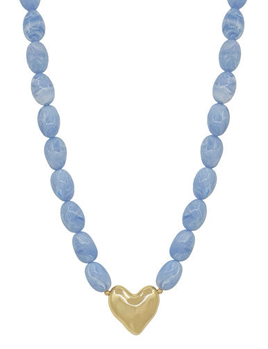 What's Hot Light Blue Acrylic Oval Beaded with Gold Heart Necklace