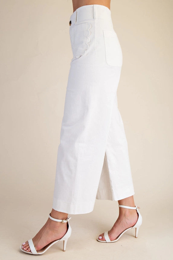 Glam Women's Colette Wide-Leg Scallop Pocket Pants - White