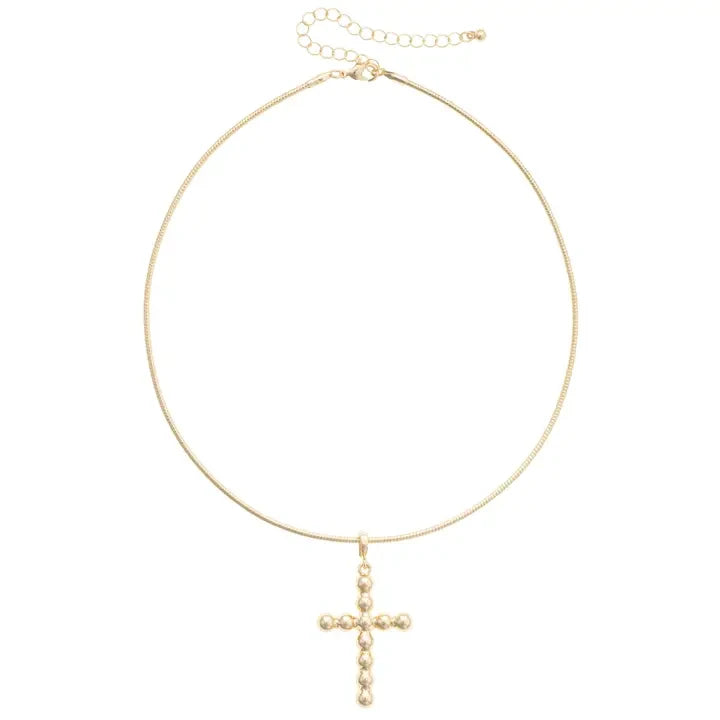Canvas Beaded Cross Skinny Collar Necklace - Shiny Gold