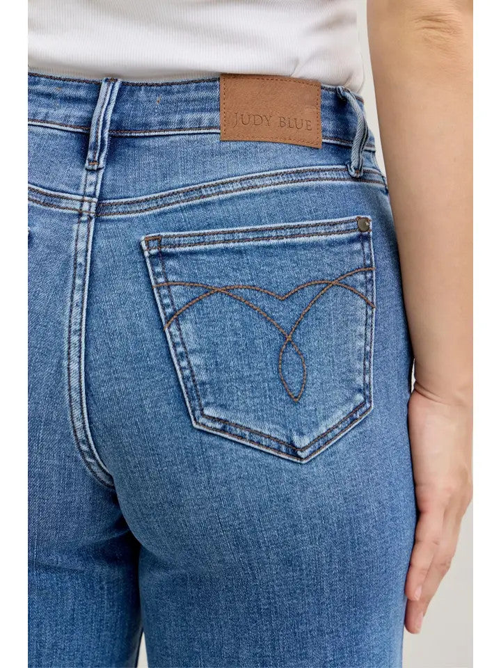 Judy Blue High Waisted Wide Crop Classic Raw Hem - Medium Denim