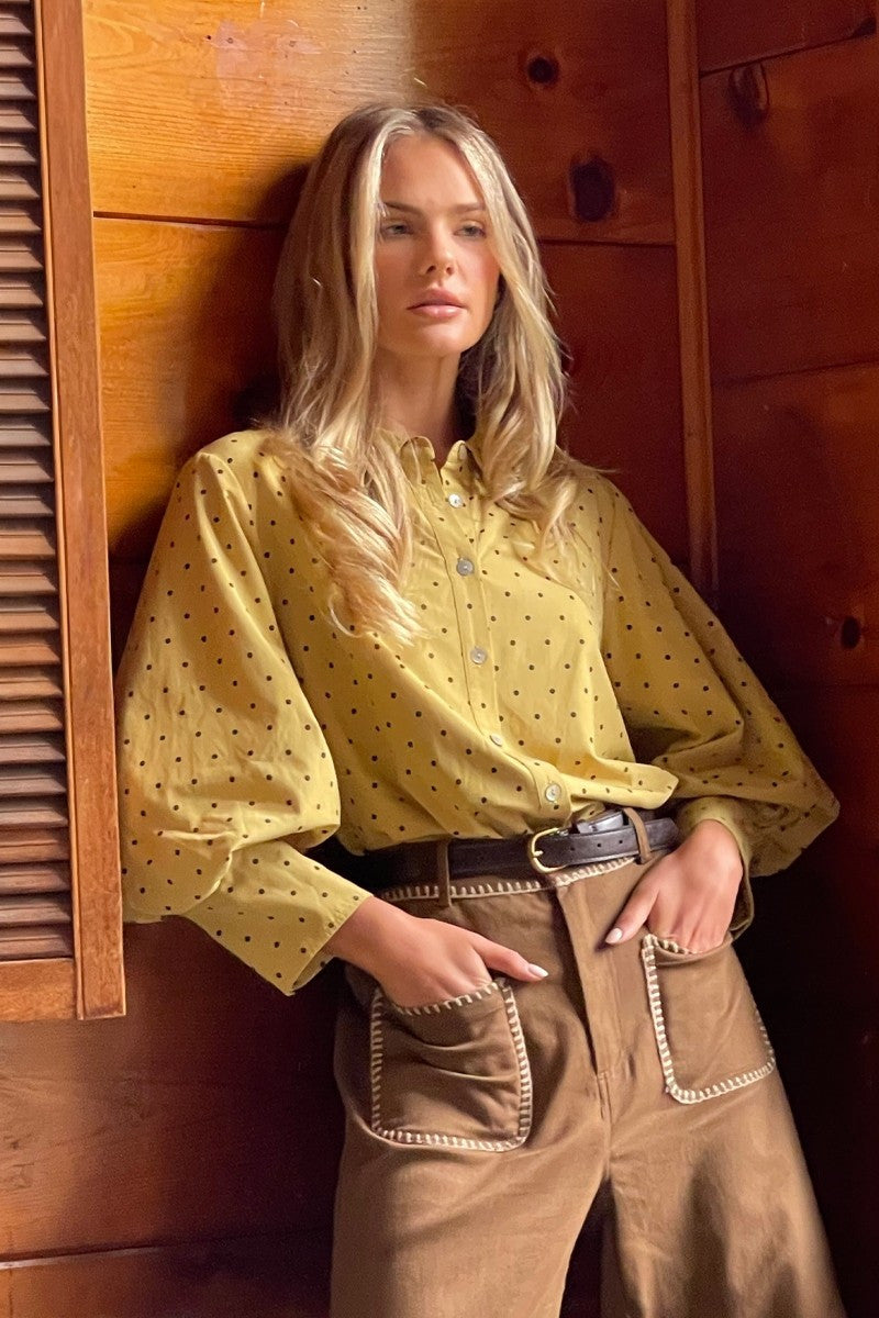 Jodifl Women's Bishop Sleeved Button Down Top - Mustard