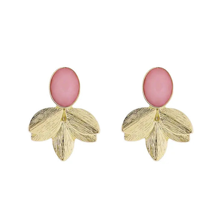 Jane Marie Pink, Gold Gemstone Post with Gold Leaf Fan Earring