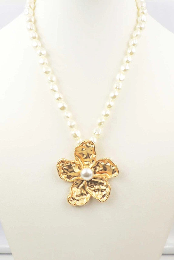 What's Hot Freshwater Pearl with Large Gold Hammered Flower Necklace
