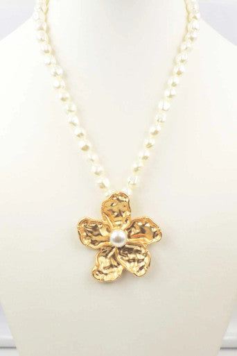 What's Hot Freshwater Pearl with Large Gold Hammered Flower Necklace