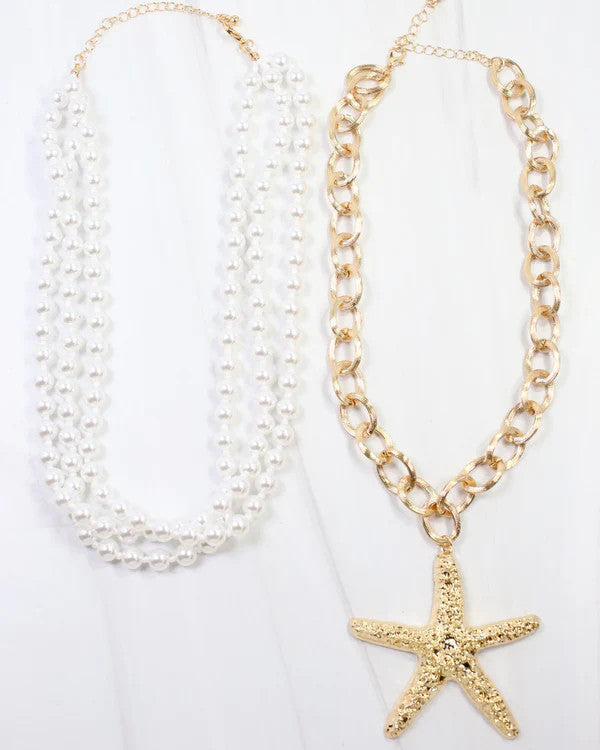 Caroline Hill Castine Pearl Starfish Layered Necklace Gold