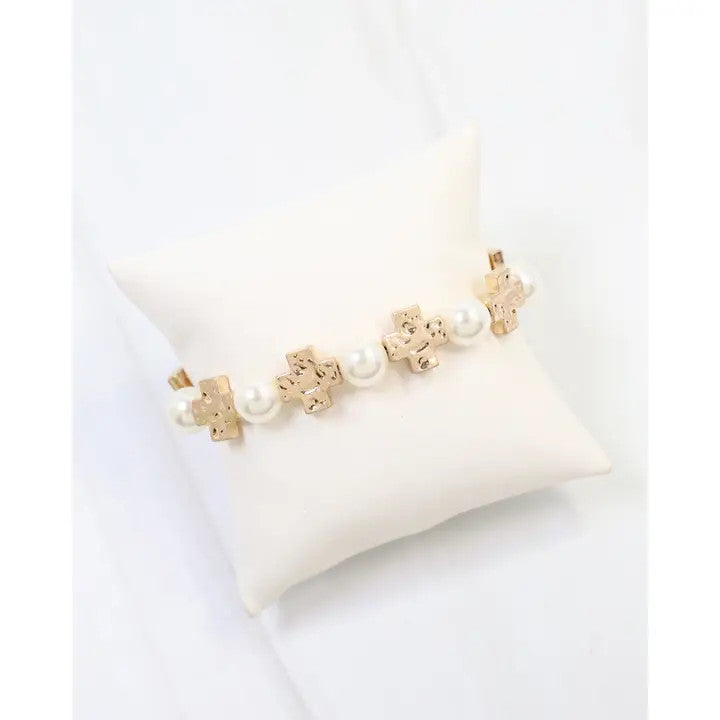 Caroline Hill Lansing Pearl and Cross Stretch Bracelet - Worn Gold