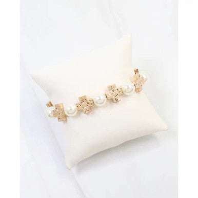 Caroline Hill Lansing Pearl and Cross Stretch Bracelet - Worn Gold
