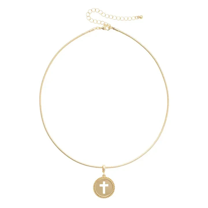 Canvas Cross Coin Skinny Collar Necklace - Shiny Gold