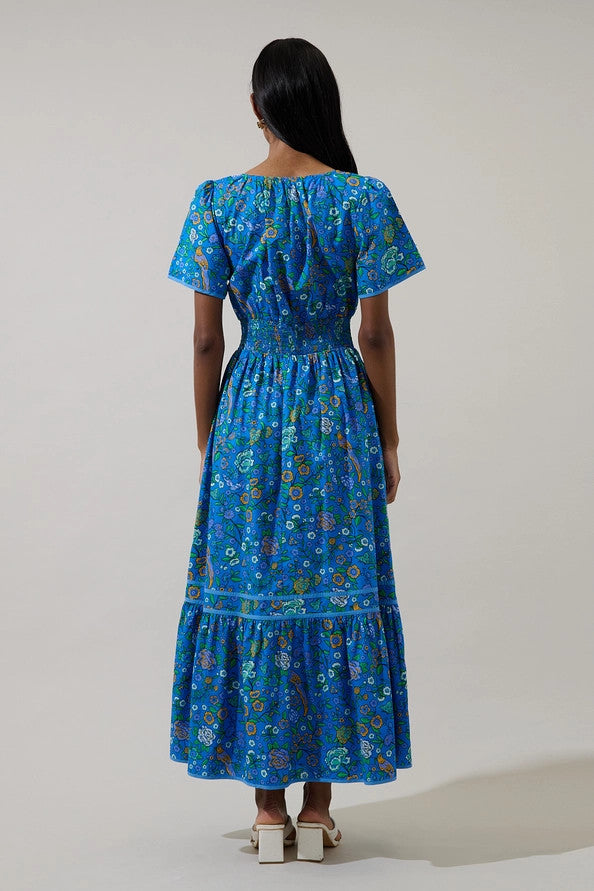 Sugar Lips Women's Heidy Floral Ordy Smocked Midi Dress - Blue Greens