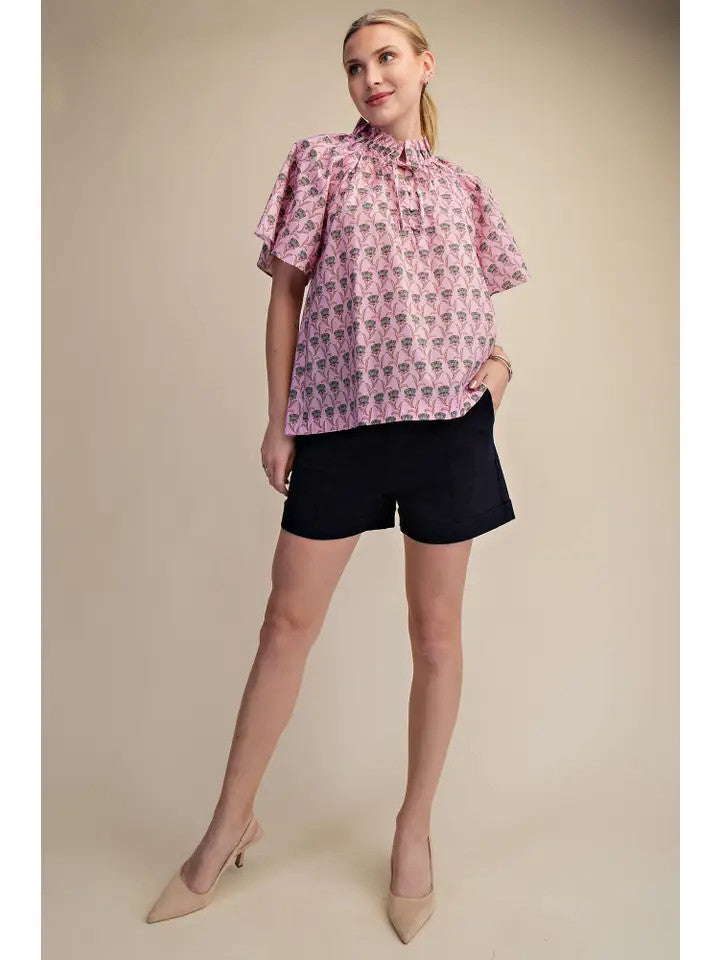 Glam Women's Pink Ruffle Neck Raglan Top