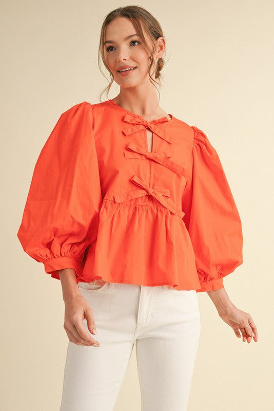 Jodifl Women's Bow Ties Peplum 3/4 Sleeves Top