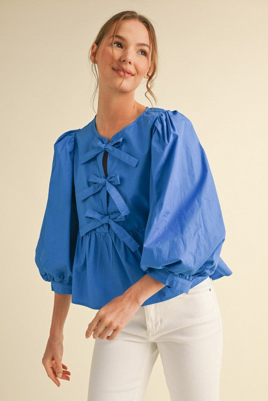 Jodifl Women's Bow Ties Peplum 3/4 Sleeves Top
