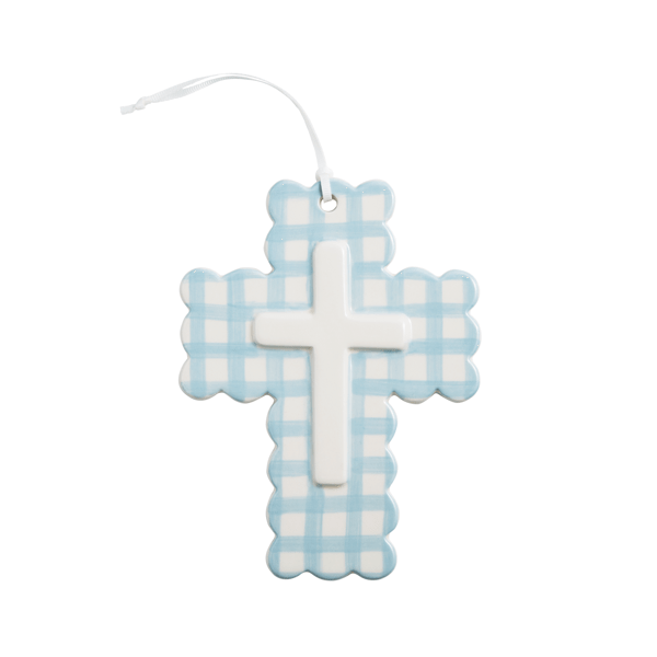 Mud Pie Blue Ceramic Gingham Cross