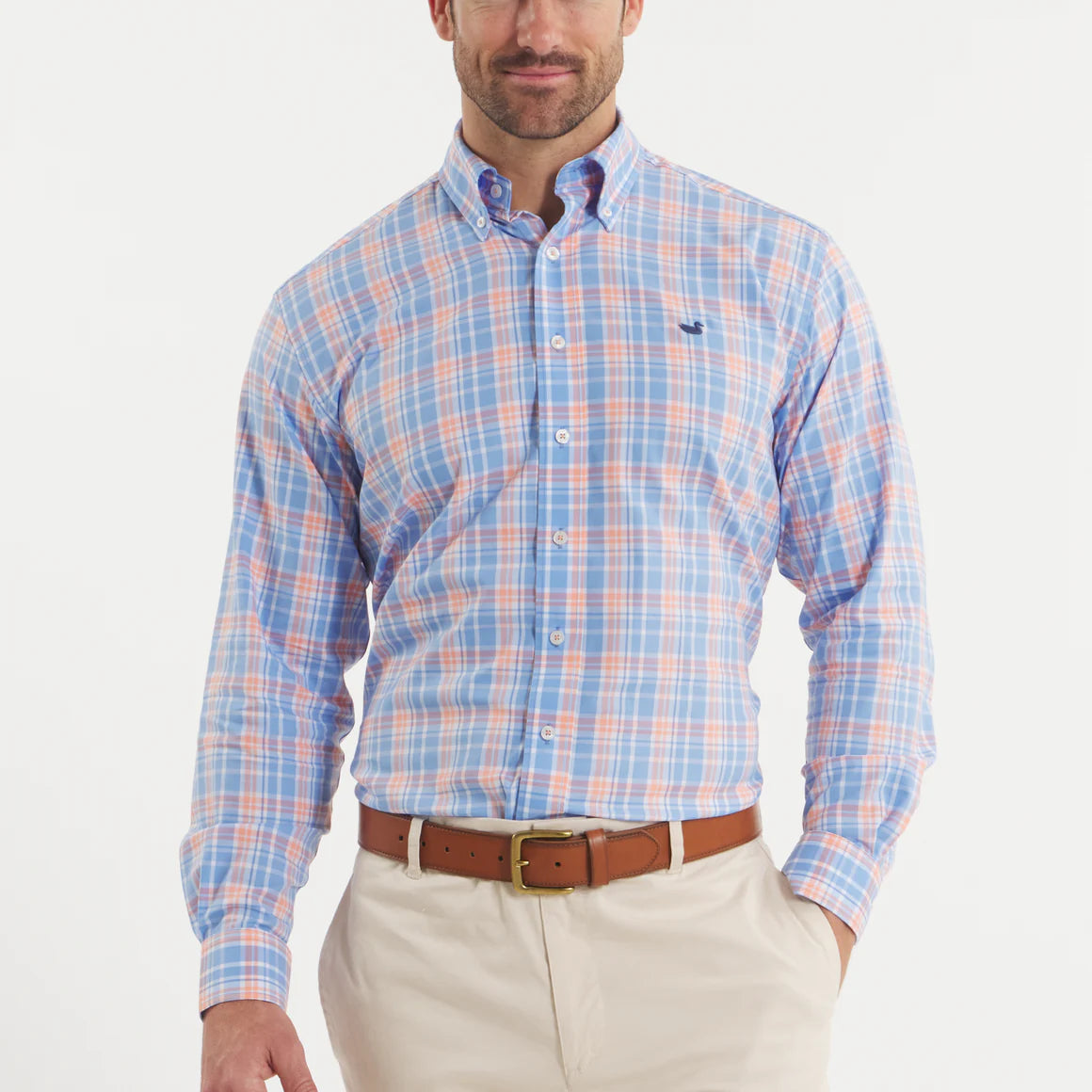 Southern Marsh Grainger Performance Plaid Dress Shirt - French Blue & Peach