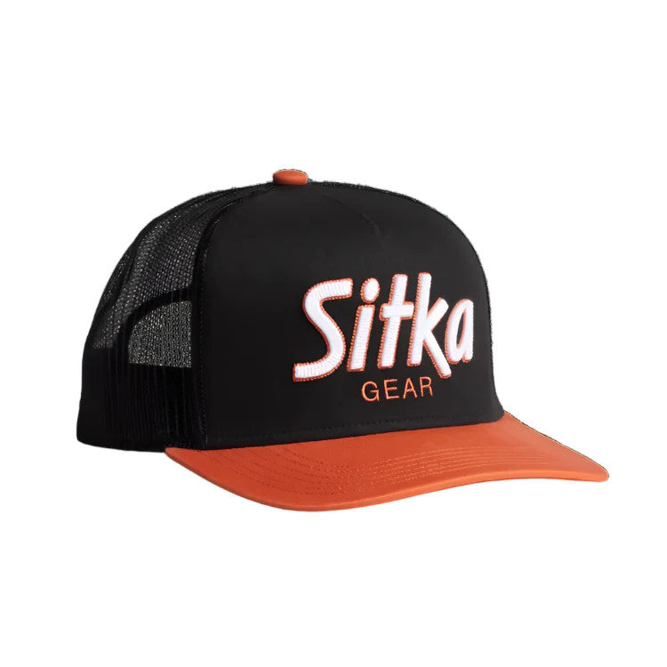 Sitka 90's Script Hi Pro Trucker Hat – Black and Orange