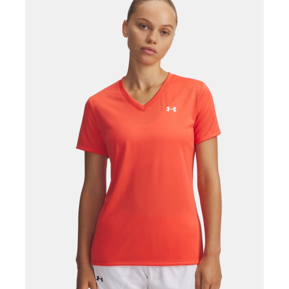 Under Armour Women's UA Tech V-Neck Short Sleeve - Venom Red/White