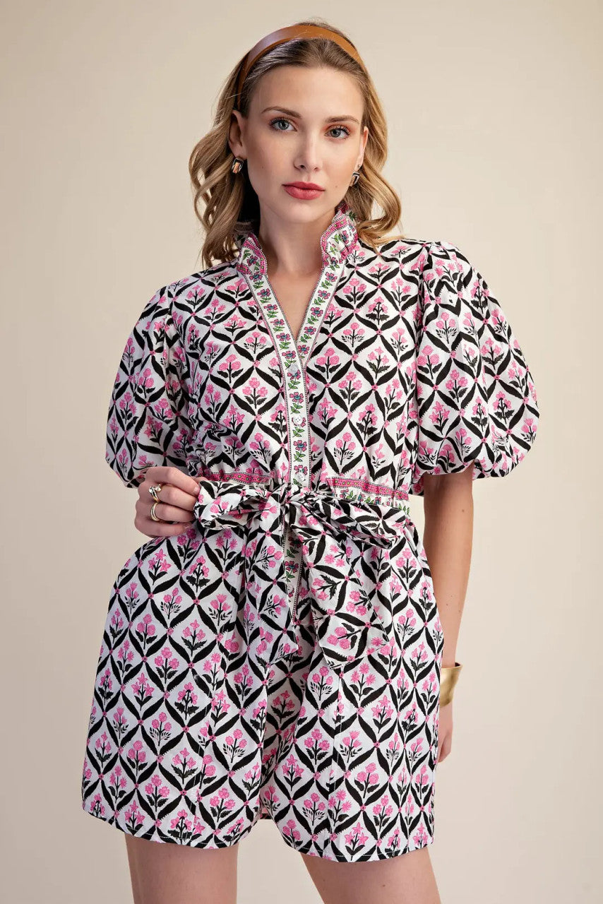 Glam Women's Ruffle Neck Puff Sleeve Romper - Pink