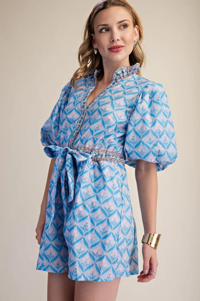Glam Women's Ruffle Neck Puff Sleeve Romper - Blue