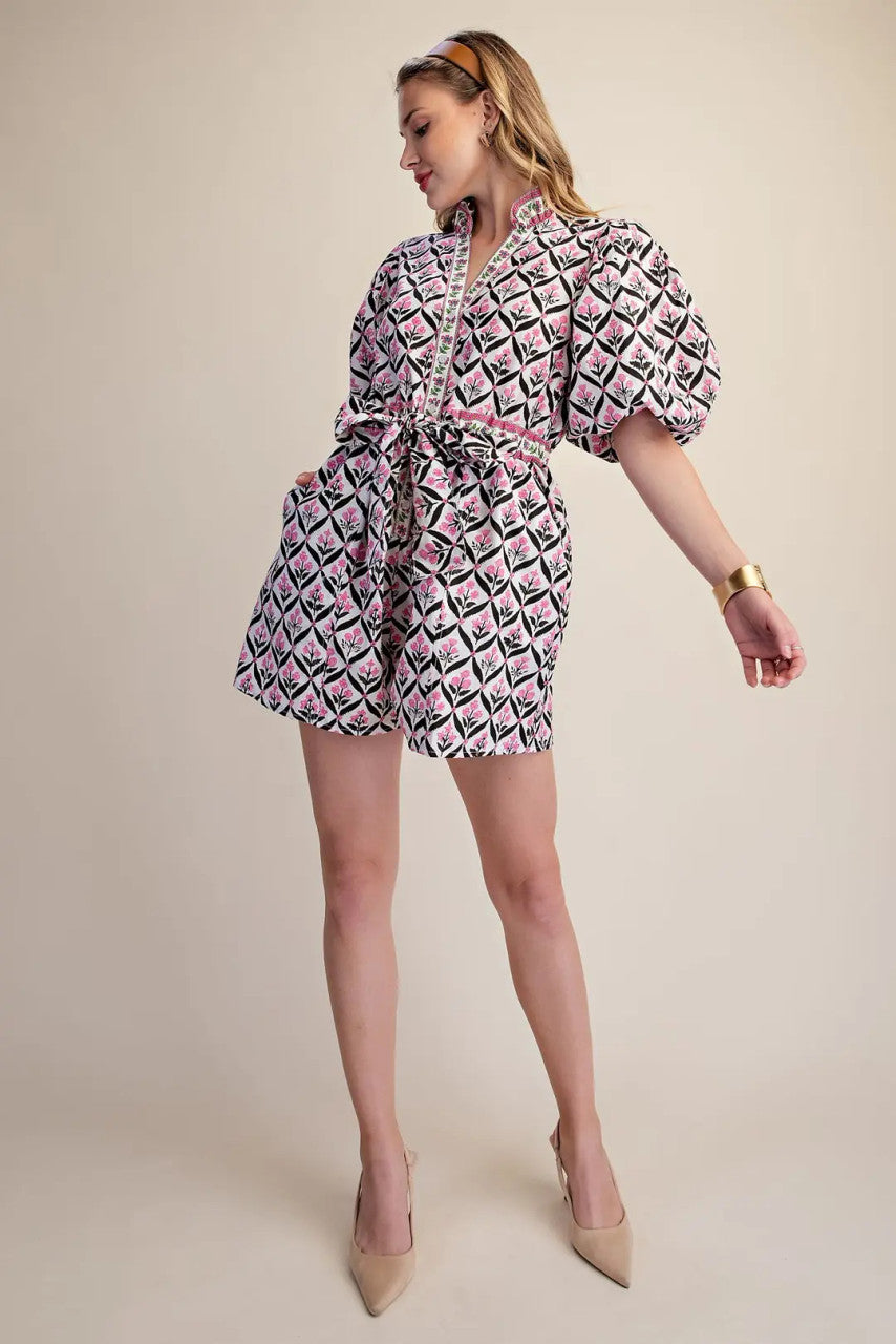 Glam Women's Ruffle Neck Puff Sleeve Romper - Pink