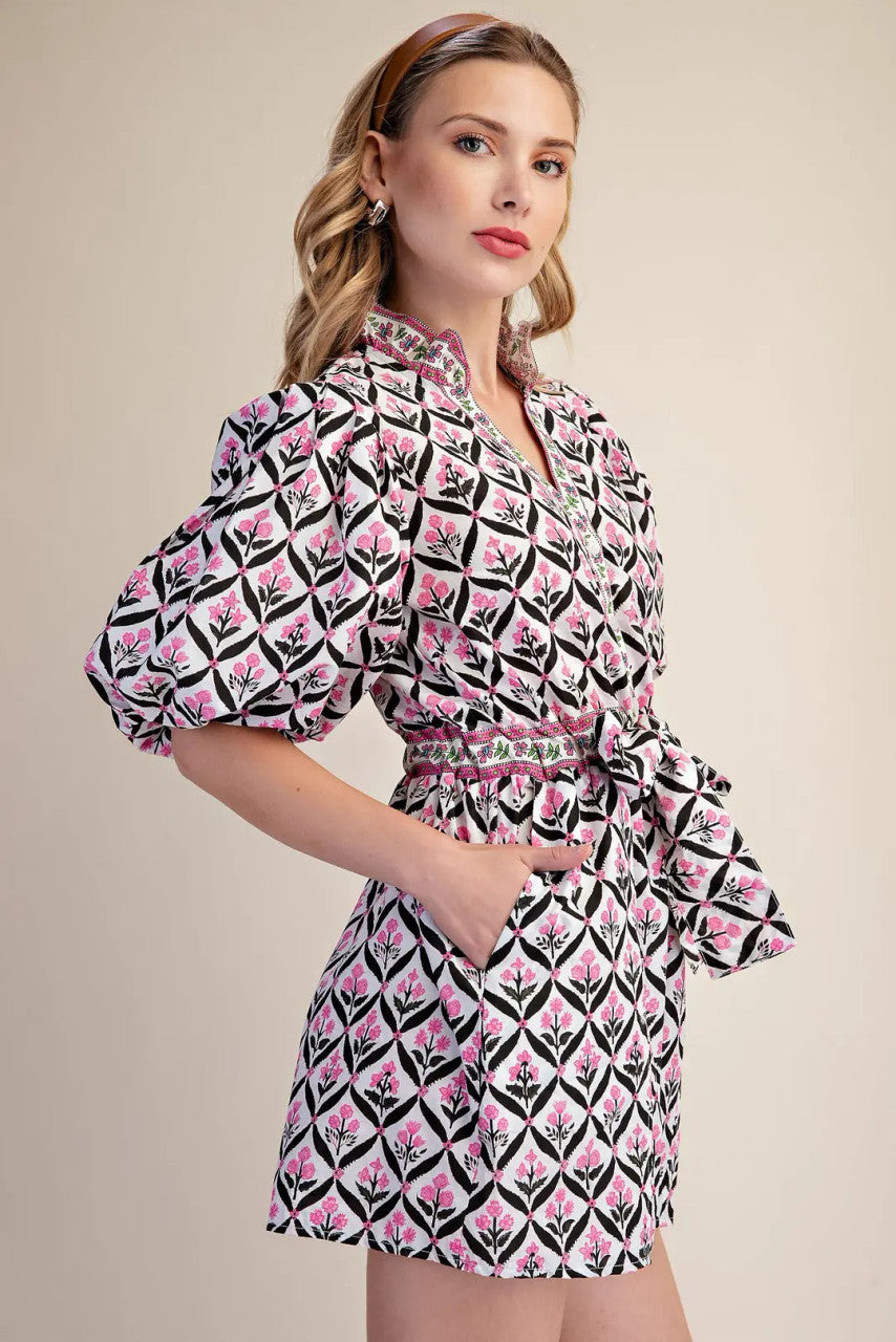 Glam Women's Ruffle Neck Puff Sleeve Romper - Pink