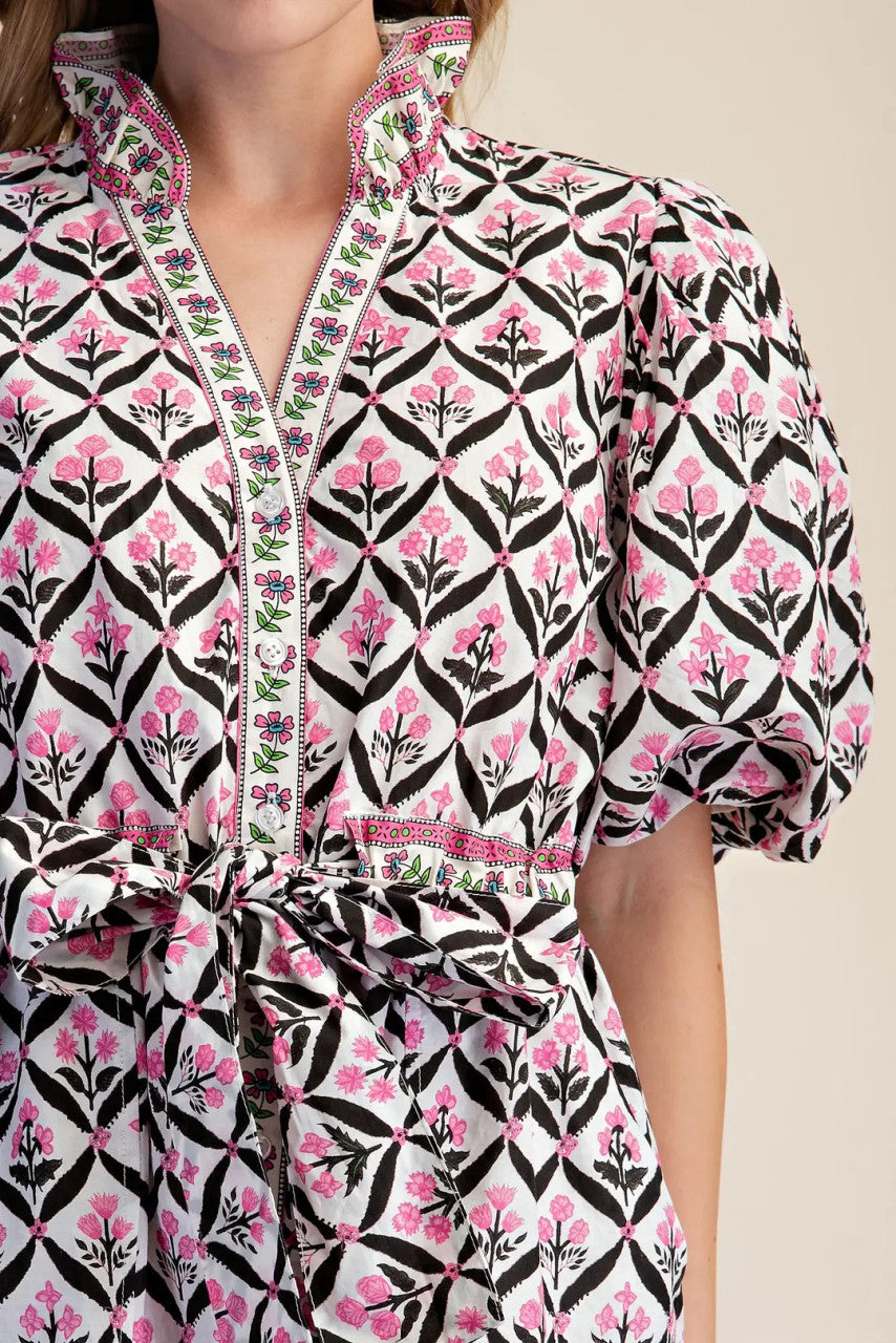 Glam Women's Ruffle Neck Puff Sleeve Romper - Pink