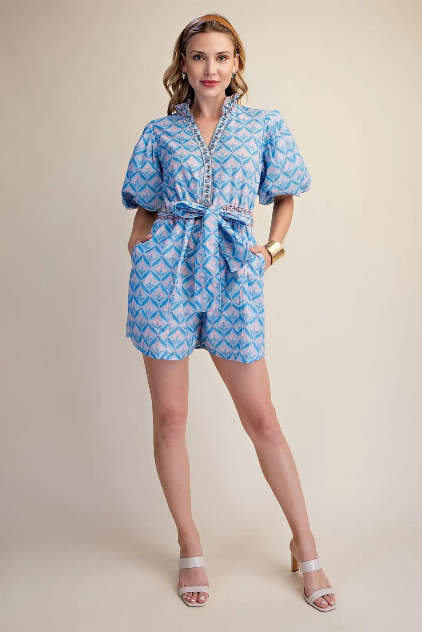 Glam Women's Ruffle Neck Puff Sleeve Romper - Blue