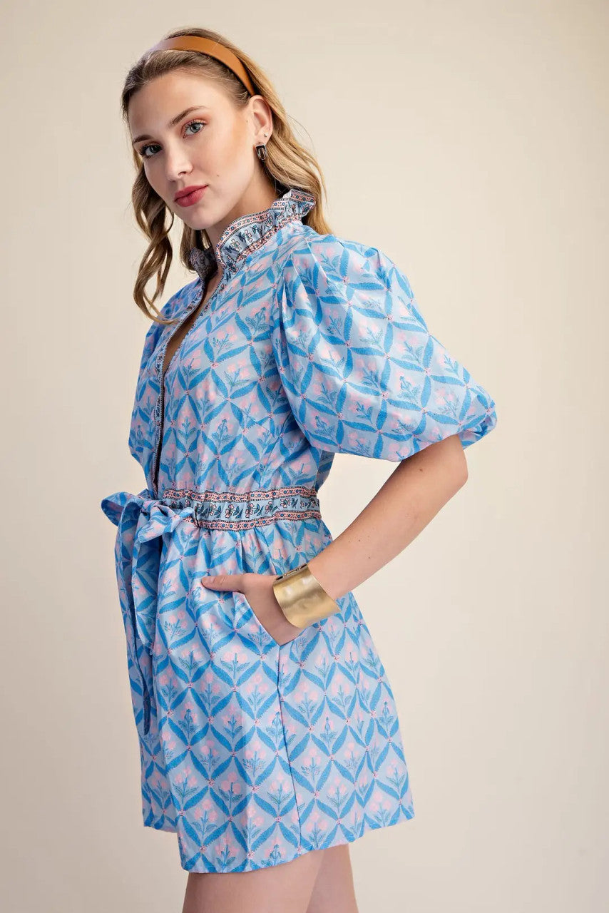 Glam Women's Ruffle Neck Puff Sleeve Romper - Blue