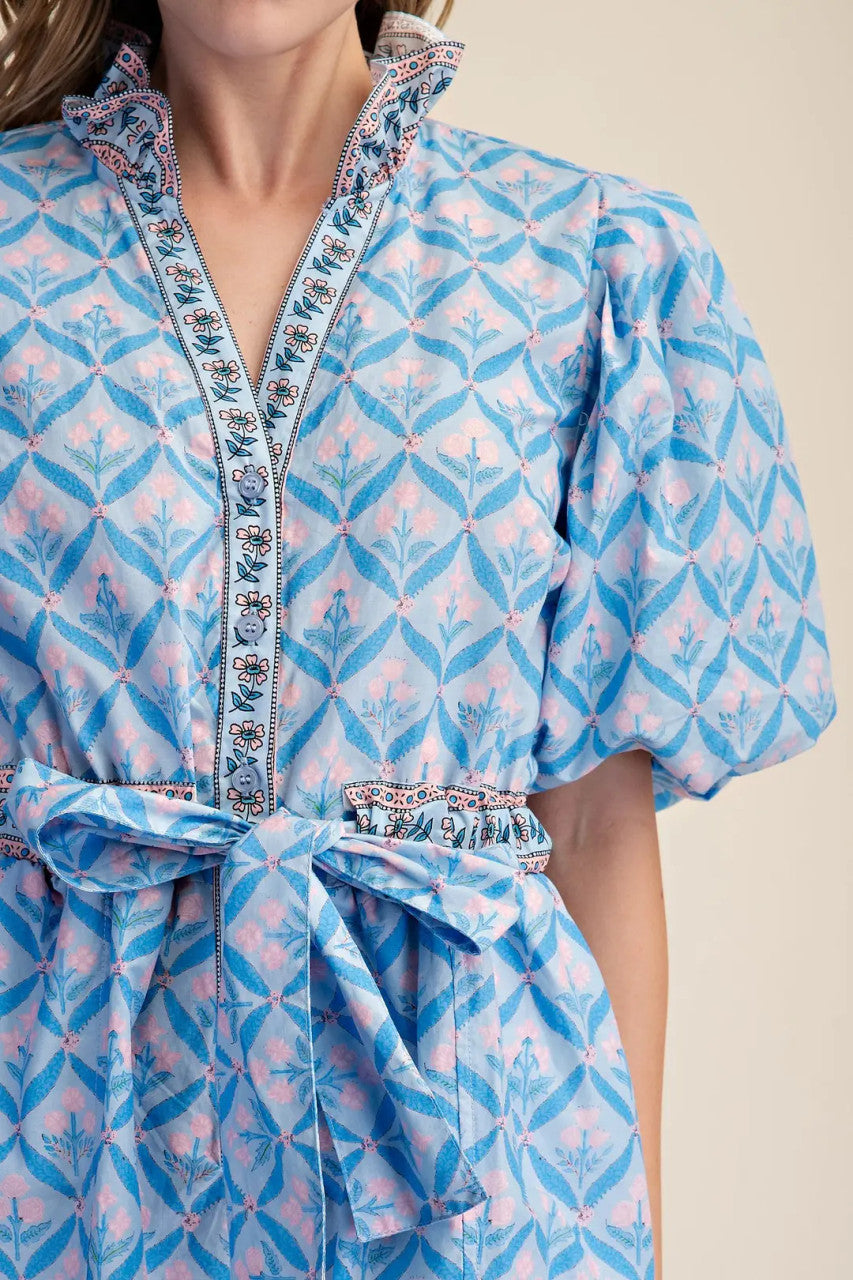 Glam Women's Ruffle Neck Puff Sleeve Romper - Blue