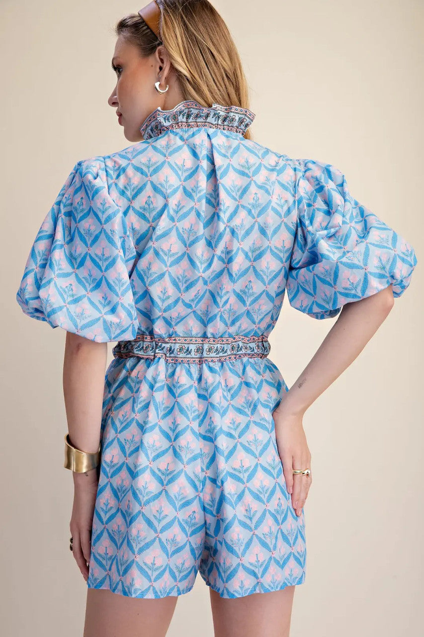 Glam Women's Ruffle Neck Puff Sleeve Romper - Blue