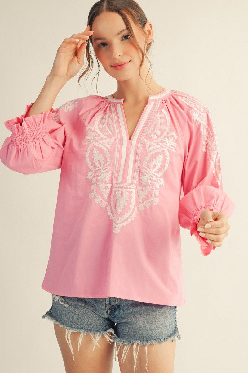 Jodifl Drop Shoulder Embroidered Top