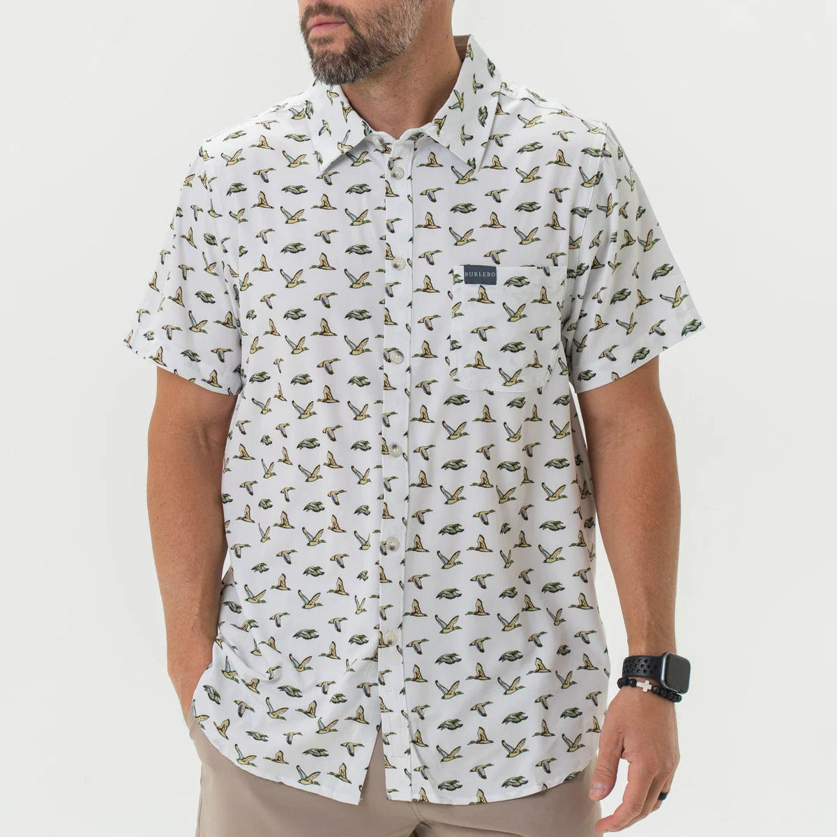 Burlebo Men's Performance Button Up - Flying Mallard Ducks