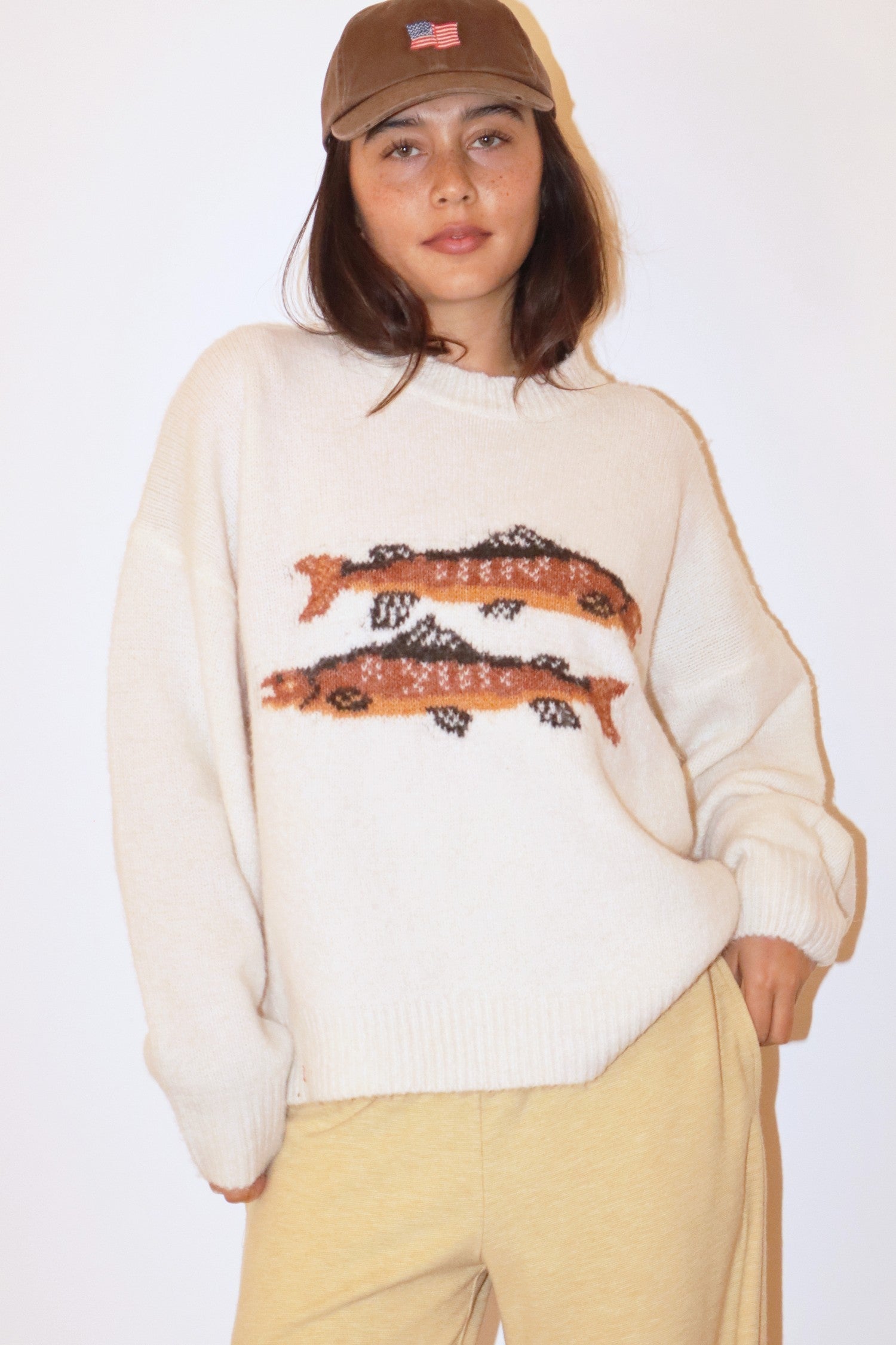 Bailey Rose Women's Cream Trout Graphic Knit Sweater