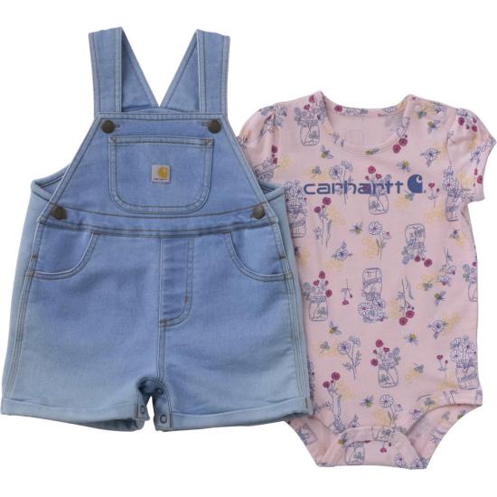 Carhartt Infant Girls Short Sleeve Bee Print Bodysuit and Denim Shortall Set
