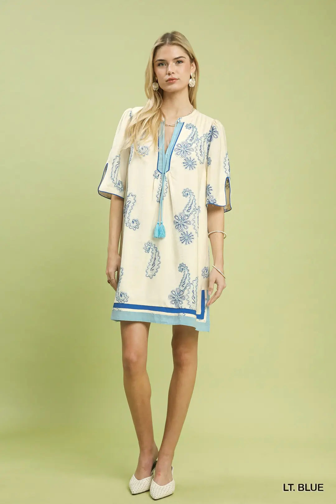 Umgee Women's Embroidered Split Neck Shift Dress - Light Blue