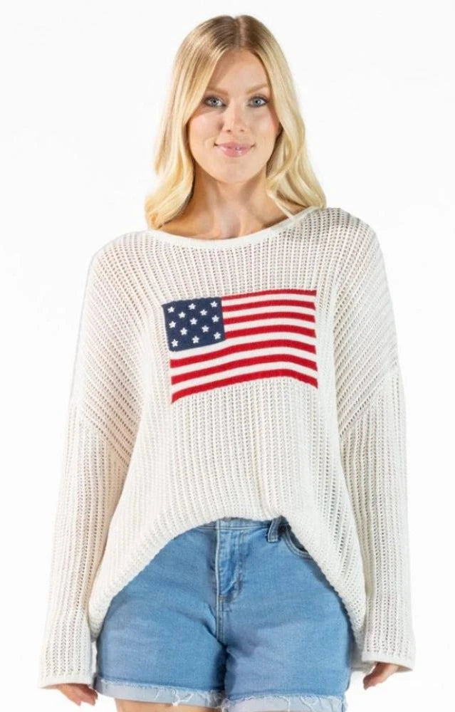 Simply Southern Women's Open Knit Flag Sweater