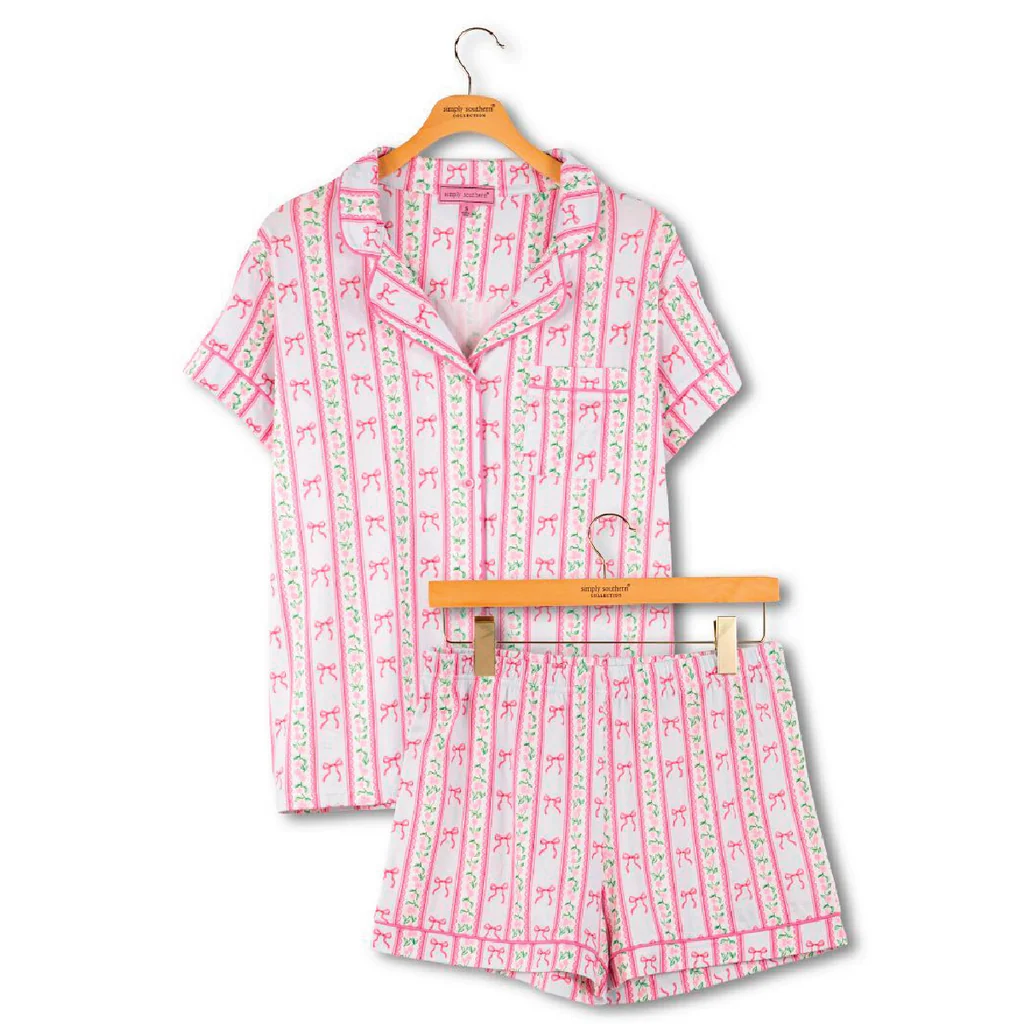 Simply Southern Youth Button Up PJ Set - Bow Stripe