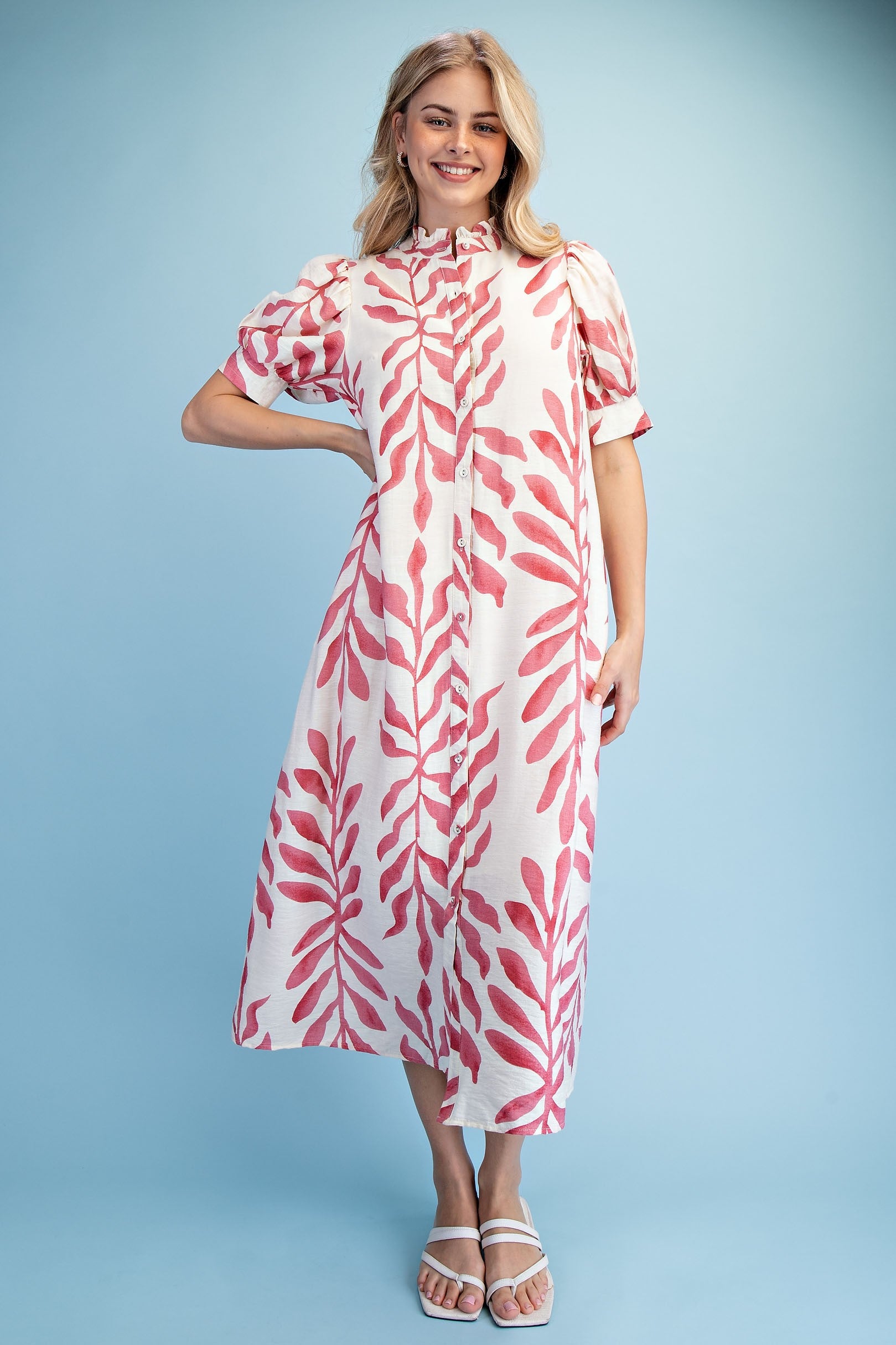 GiGiO Leaf Print Button Down Midi Dress