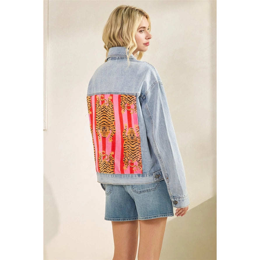 Vervet Classic Denim Jacket with Back Tiger Patch Print
