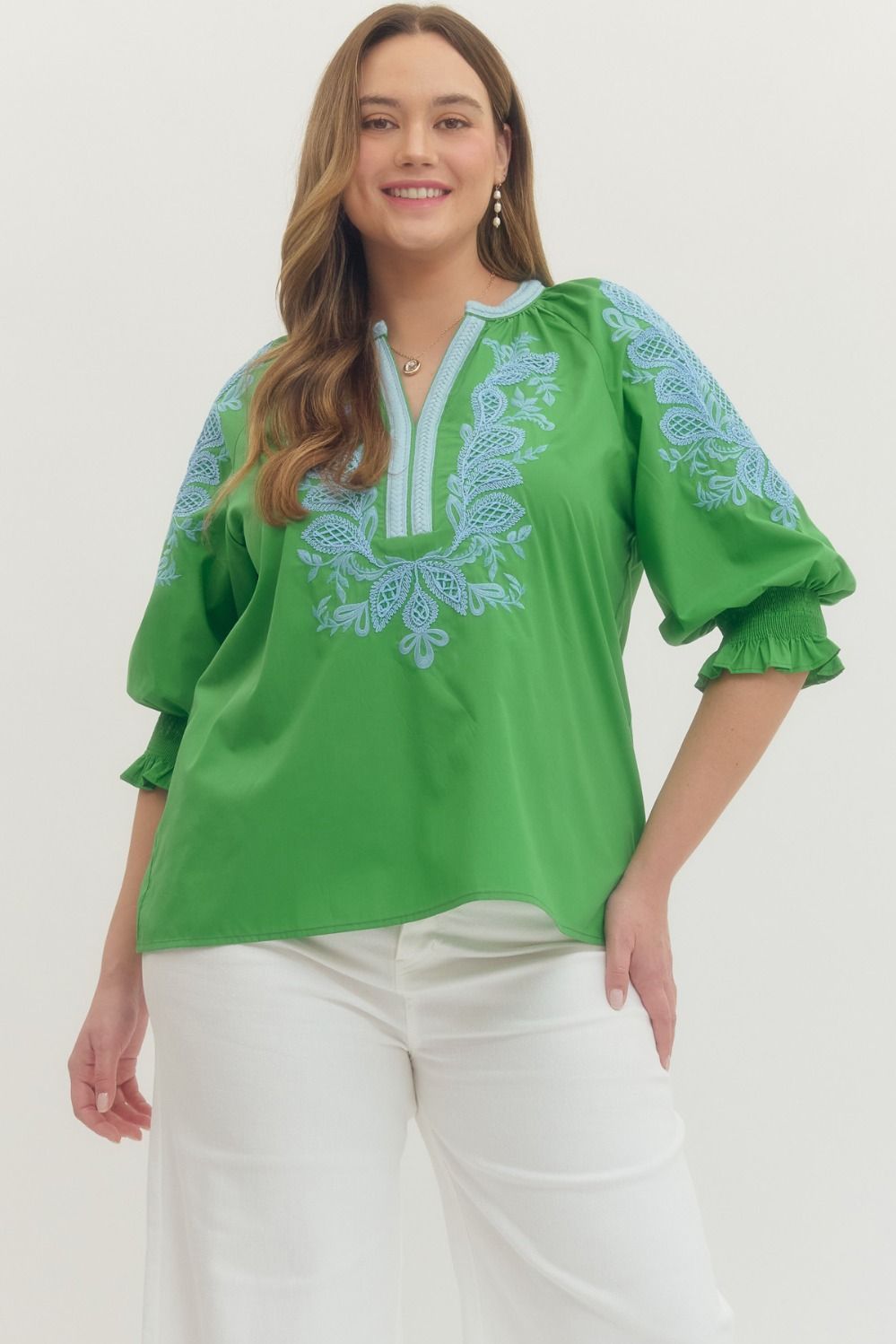 Entro Women's Green 3/4 Sleeve Embroidered Top