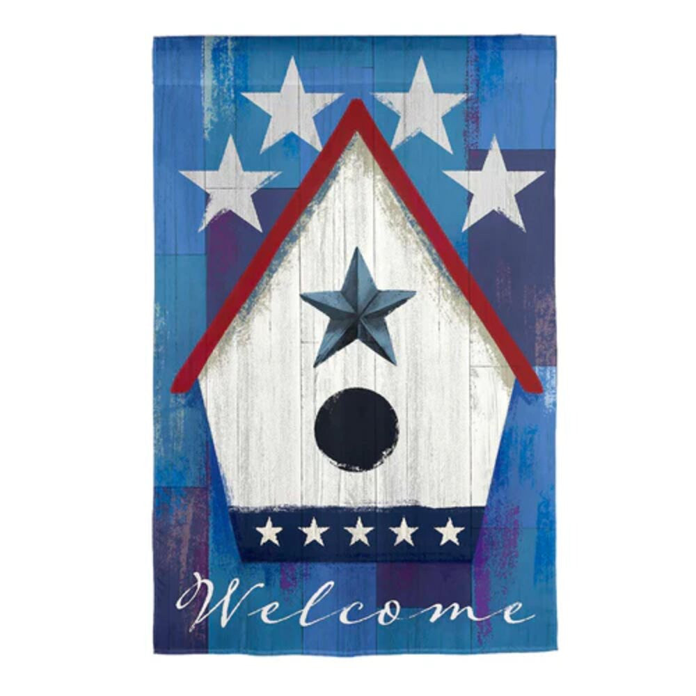 Evergreen Patriotic Birdhouse Suede Garden Flag