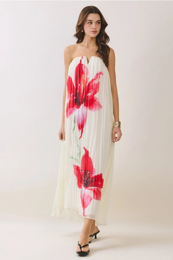 TCEC Women's Cream Floral Pleated Strapless Maxi Dress