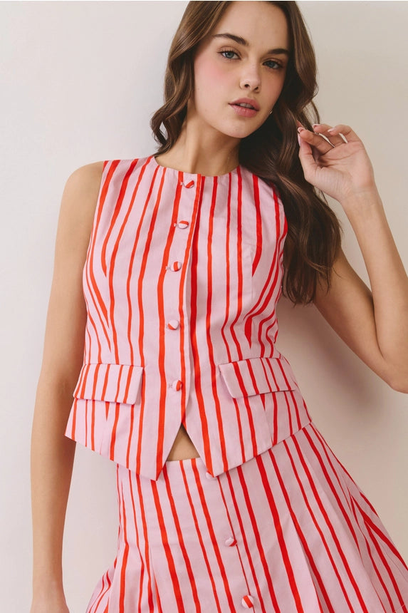 TCEC Women's Pink Candy Stripe Tailored Vest Top