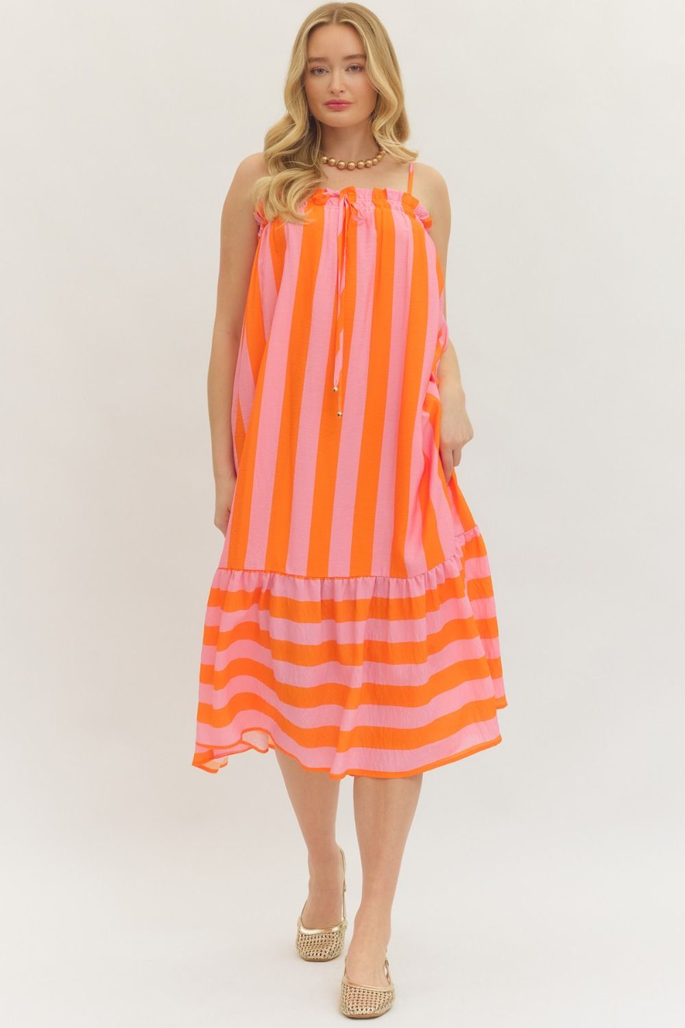 Entro Women's Orange Striped Sleeveless Midi Dress