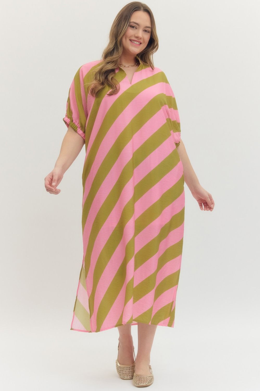 Entro Plus Size Women's Kiwi Pink Diagonal Stripe Midi Dress