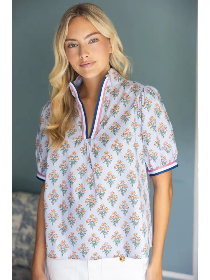Voy Women's Blue Stripe Floral Top