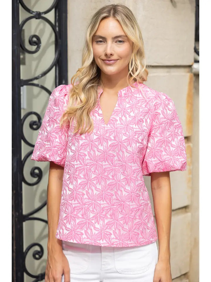 Voy Women's Pink Bubble Sleeve Floral Top
